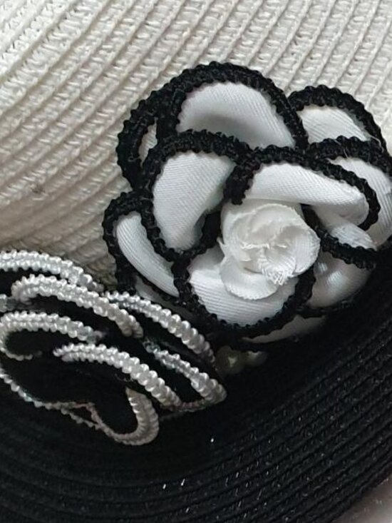 Fashion Black White Boater Straw Pearls Flowers Hat Woman Formal Accessory Gift main image 4